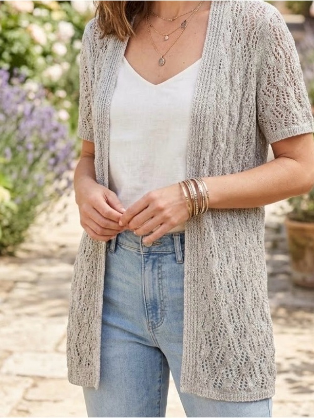 Coldwater Creek Women's Bay Breeze Shrug Sweater Gray Beige Cardigan sz S EUC